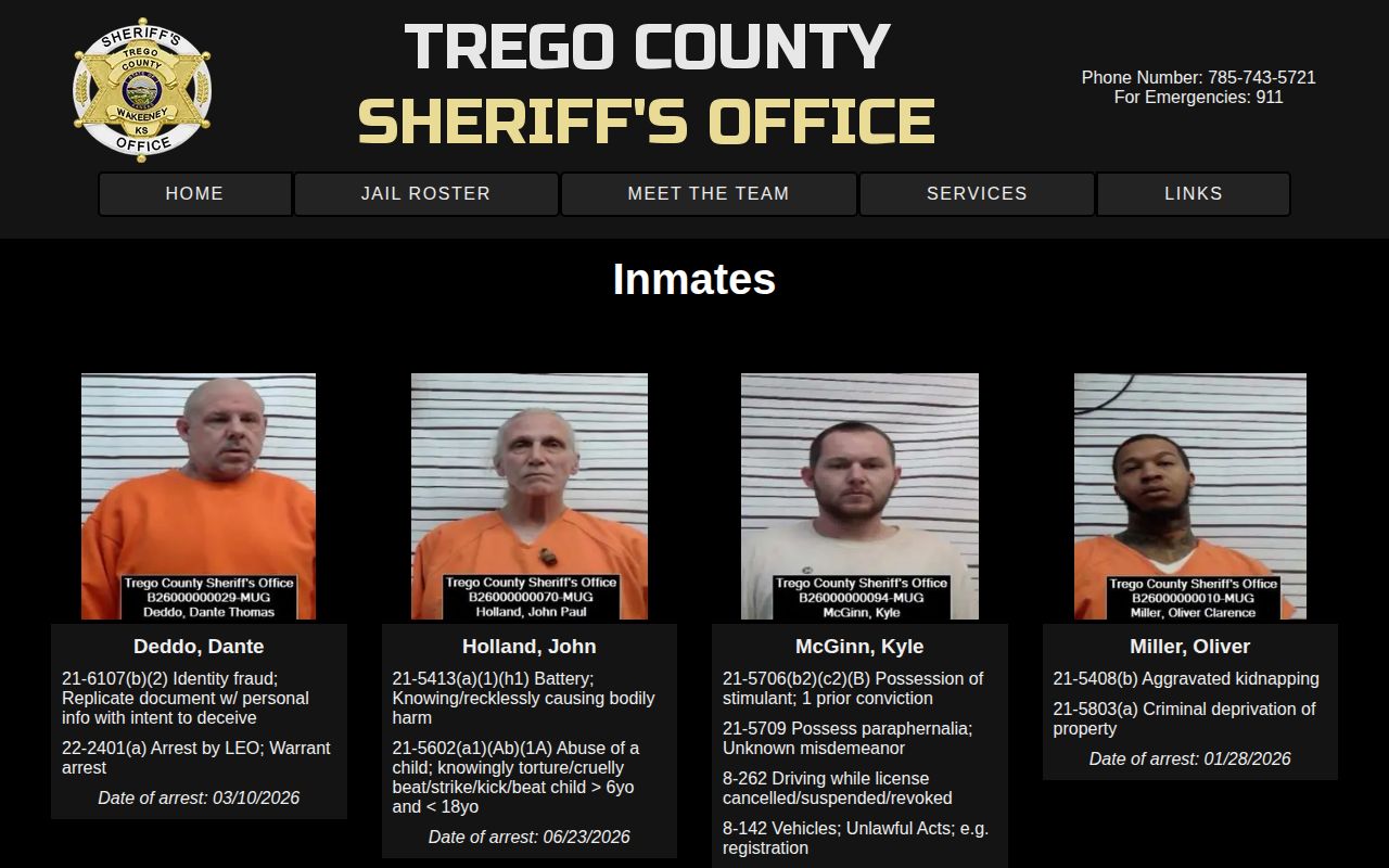 Trego County current jail roster and booking record interface